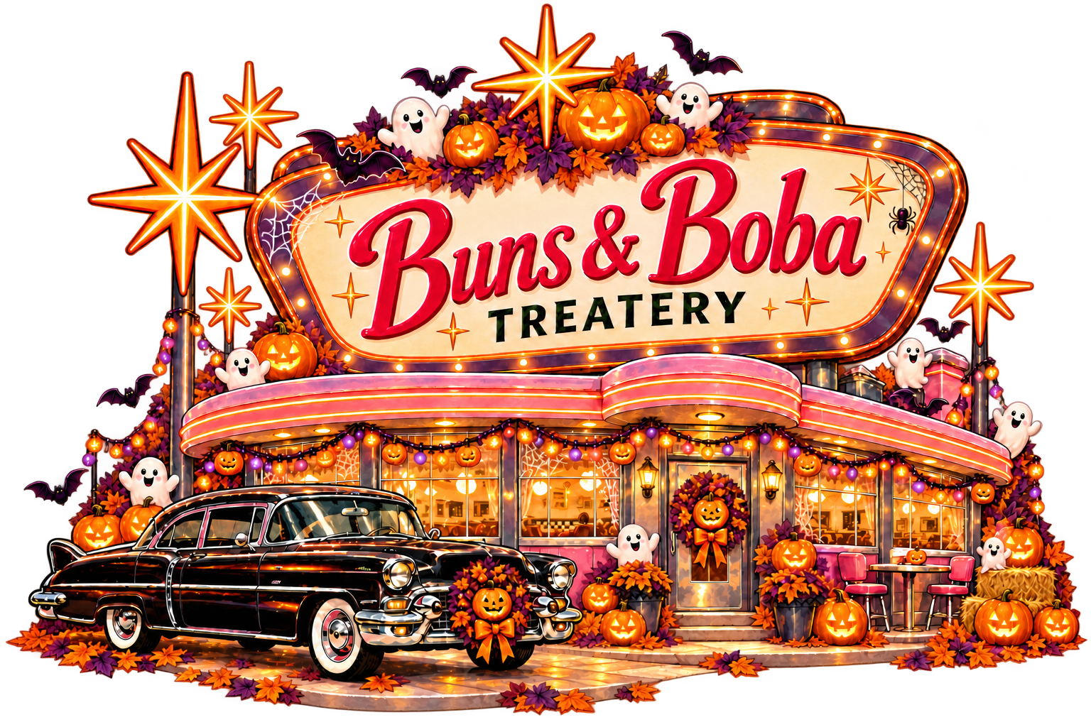 A Halloween Buns & Boba diner with a black vintage car, glowing jack-o-lanterns, and friendly ghosts