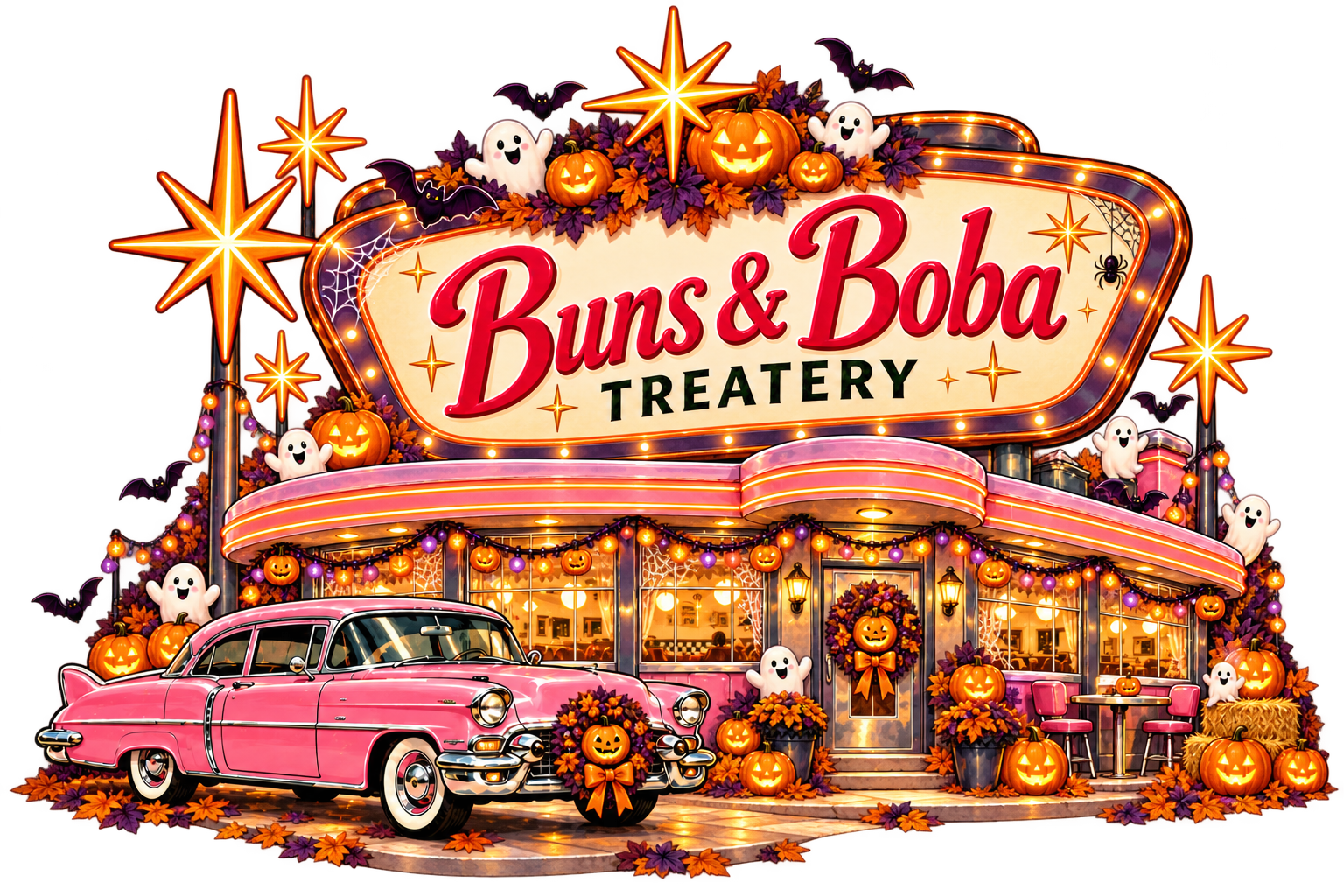 A Halloween Buns & Boba diner with a pink vintage car, glowing jack-o-lanterns, and friendly ghosts