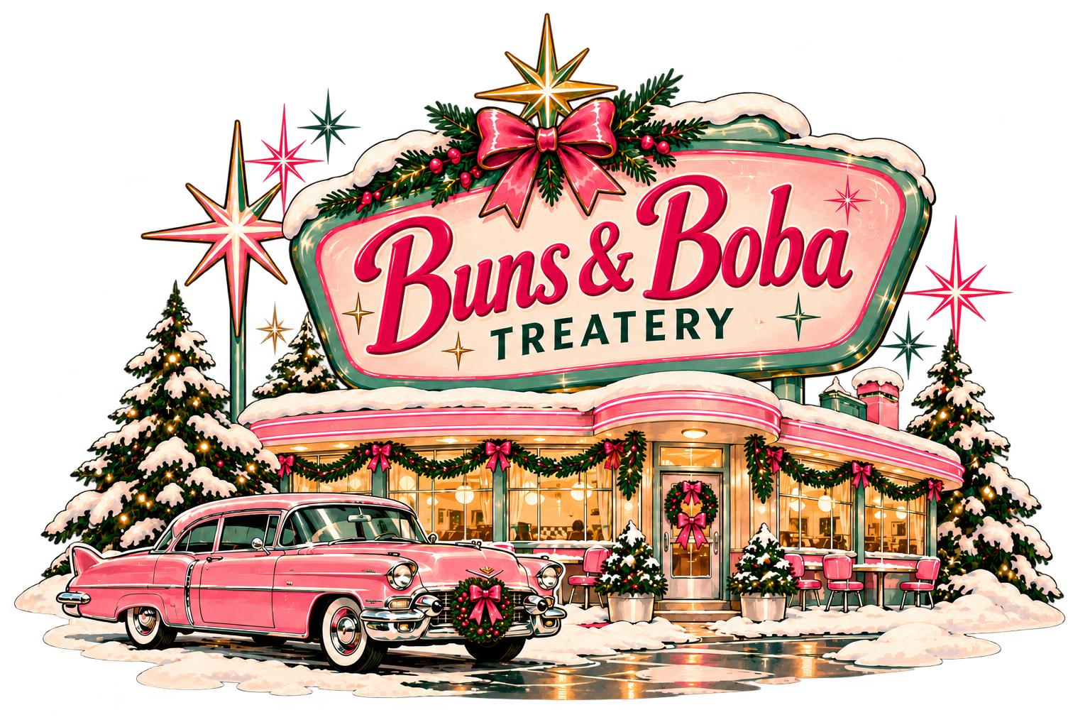 A snowy Buns & Boba Christmas diner with a pink vintage car and a wreath on its front grille
